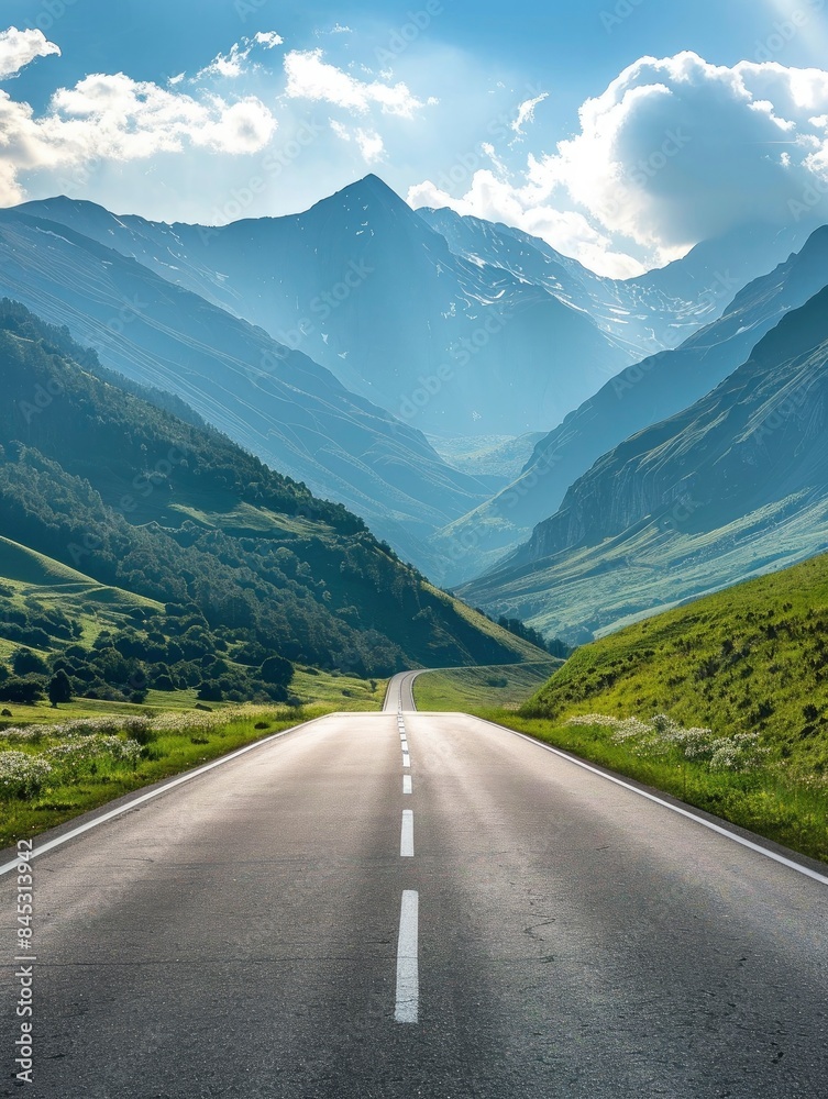 Naklejka premium Empty highway in the middle of blooming hills, steep mountain peaks in the background, clear sunny day, bright rays, incredible nature, rich colors