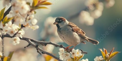 A small bird with intricate plumage perches on a flowering tree branch during springtime, showcasing the harmony between wildlife and blossoming nature in this season.