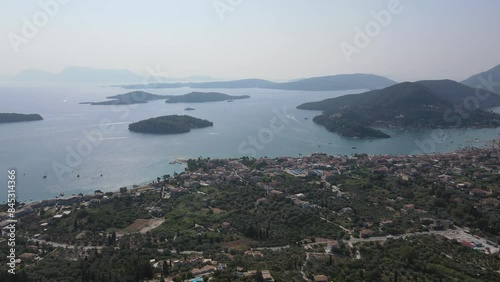 Amazing Aerial panoramic view of Nidri Bay at Lefkada Island, Ionian Islands, Greece photo