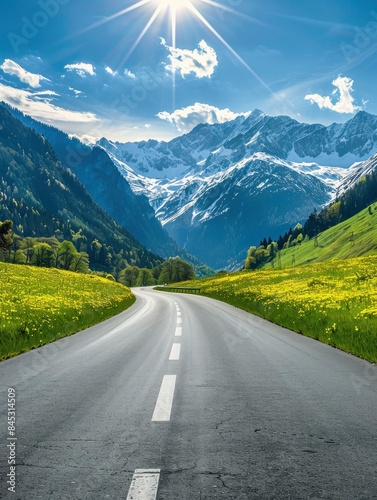 Empty highway in the middle of flowering meadows, steep mountain peaks in the background, clear sunny day, bright rays, incredible nature © shooreeq