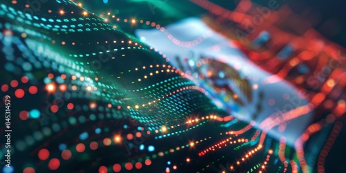 The Mexican flag is beautifully depicted with digital lights and effects, merging patriotism with a modern technological flair, showcasing national pride and innovation.