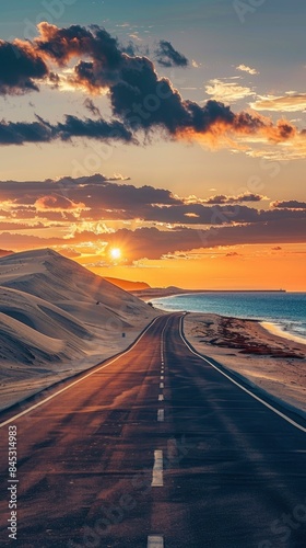 Empty highway on the background of huge sand dunes and sea coast on one side of the road, sky illuminated by the sun rays at sunset