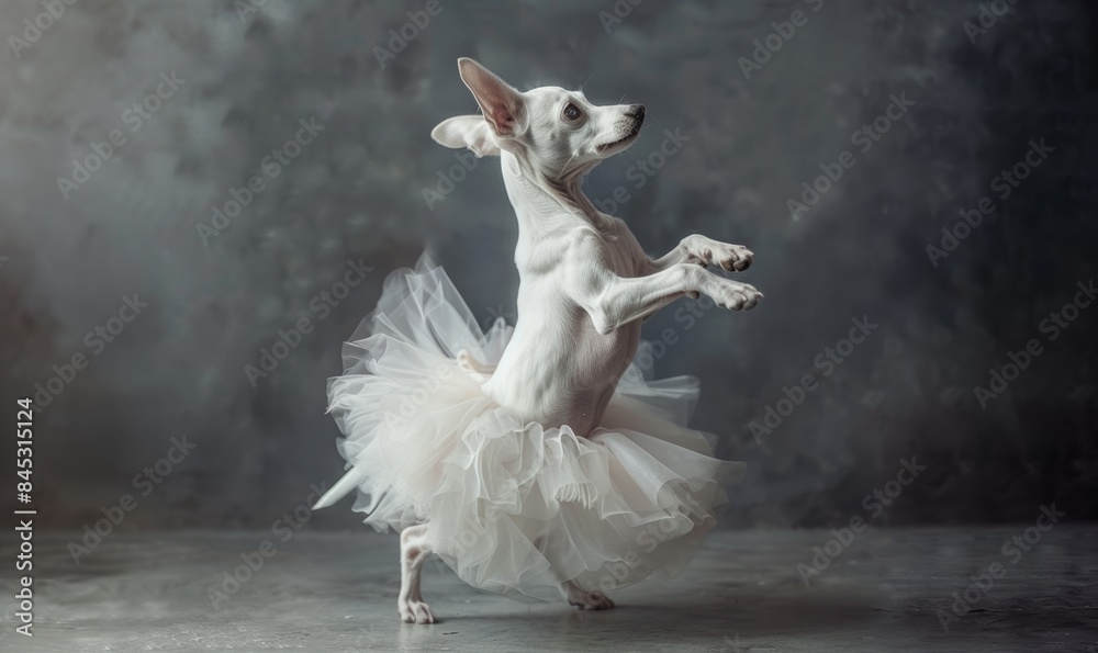 Naklejka premium White dog in ballerina costume dancing, studio lighting