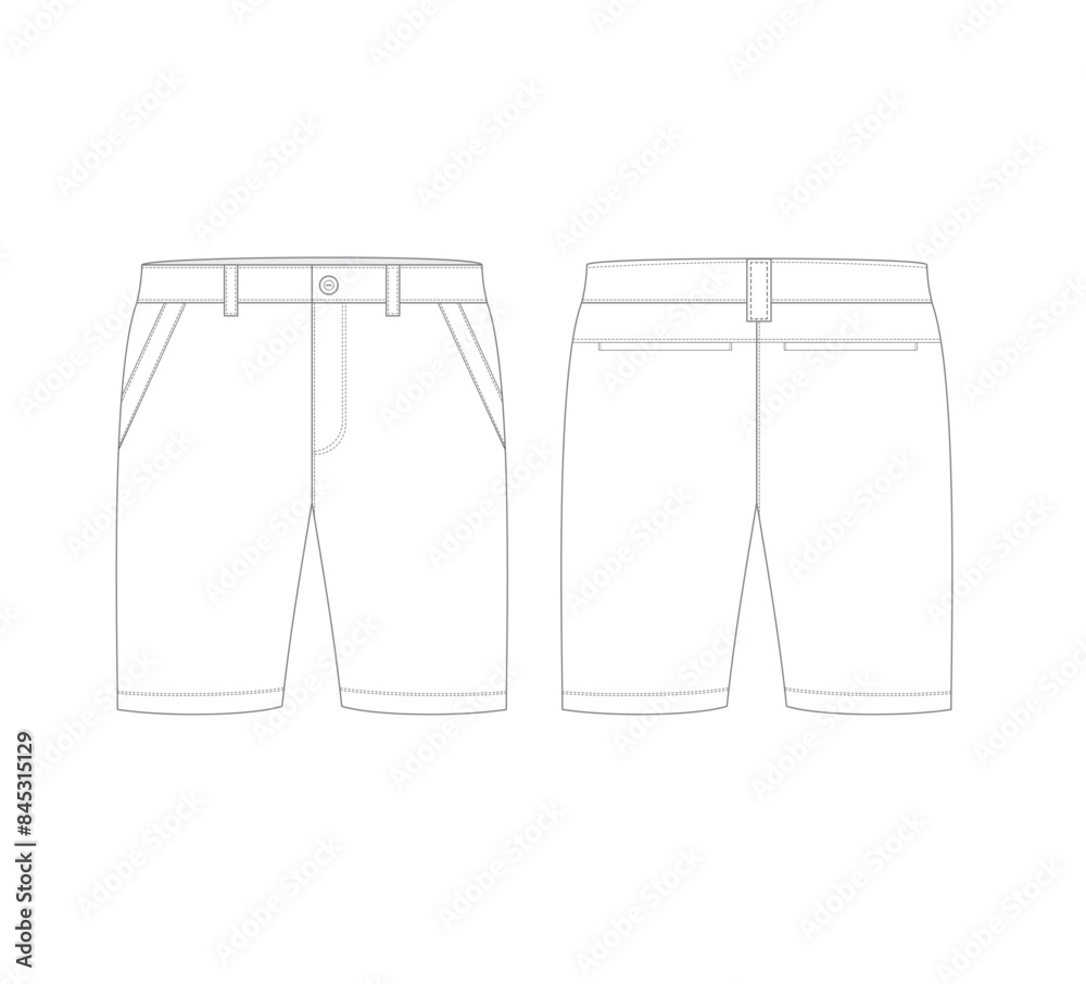 Short pant technical drawing. Men's plain casual shorts with button closure fashion flat sketch vector illustration. Short pant technical drawing. Men's plain casual shorts with button closure fashion flat sketch vector illustration.