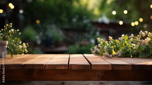 Inviting wooden tabletop in garden setting  ready for outdoor parties  greenery and festive decor  ideal for text or product display