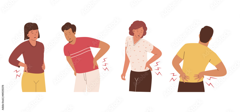 People suffering from pain in the lumbar region. Illustration for websites, landing pages, mobile applications, posters and banners. Trendy flat vector illustration