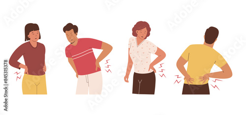 People suffering from pain in the lumbar region. Illustration for websites, landing pages, mobile applications, posters and banners. Trendy flat vector illustration