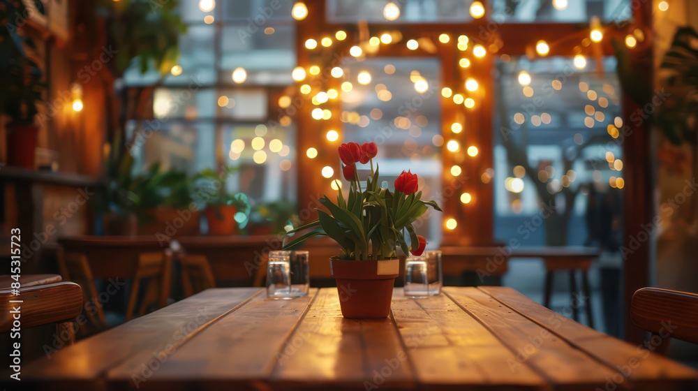 Serene empty tabletop in cozy restaurant, charming light strings, warm inviting atmosphere, perfect for gatherings, Serene empty tabletop in cozy restaurant, charming light strings, warm inviting atmosphere, perfect for gatherings,