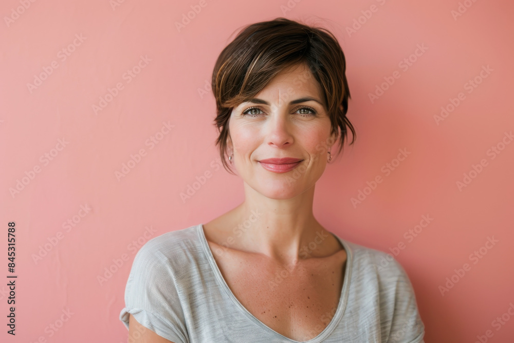 A close up portrait of a woman with a subtle smile A close up portrait of a woman with a subtle smile