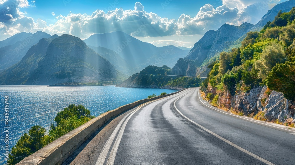 Obraz premium Empty highway on the background of steep mountain peaks, sea coast on one side of the road, blue water, clear sunny day, bright rays