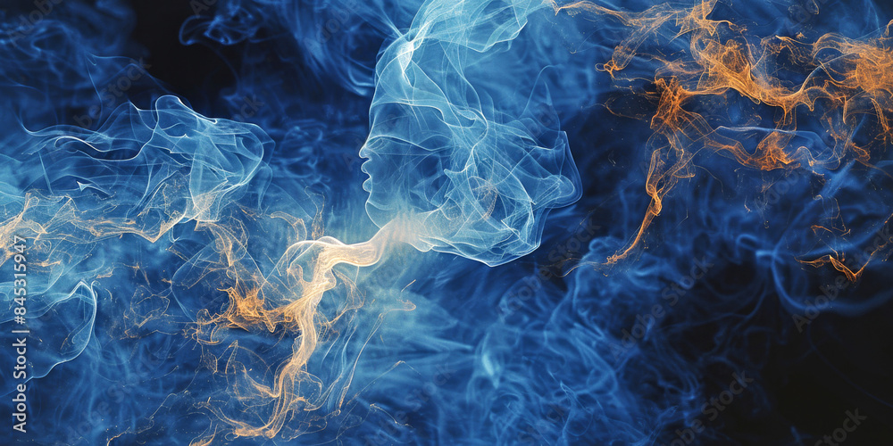 Obraz premium Ethereal Blue and Orange Smoke Forming Human Silhouette on Black Background
