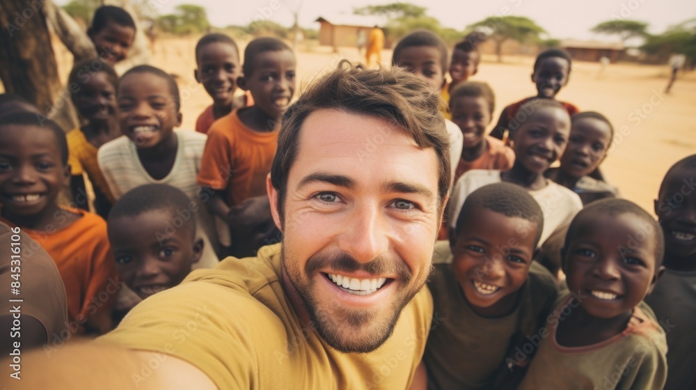 man in africa village takes a selfie with children
