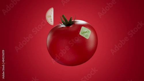 A sticker with an organic label is placed on the tomato. 4k video footage. 3D