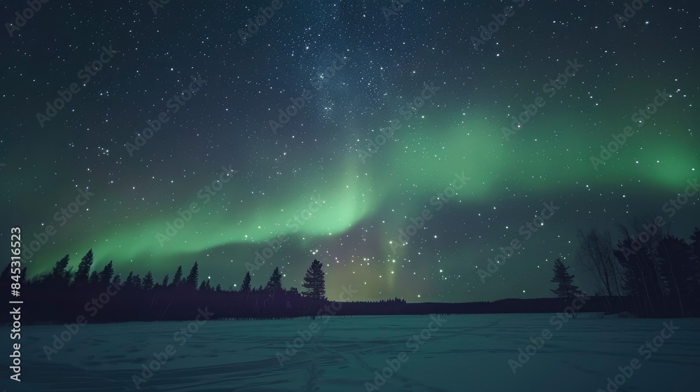Incredible aurora borealis in night sky full of bright stars, long exposure photo, beautiful landscape