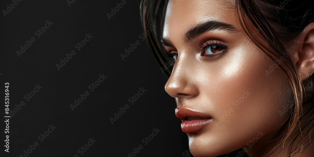 Fototapeta premium Intricate sensual woman model with beautiful facial features poses on a black background, half body photo, space for text