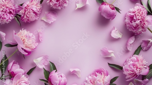 Empty purple peony flowers frame on graceful lilac background