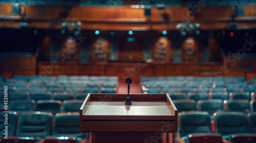 Empty lecture podium, conference hall interior. presidential debate speech.