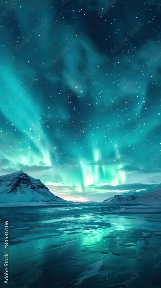 Long exposure photo of fantastic aurora borealis in night sky full of bright stars, beautiful landscape