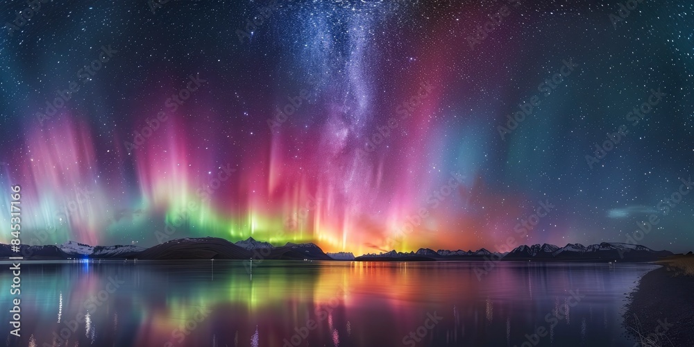 Long exposure photo of fantastic aurora borealis in night sky full of bright stars, beautiful landscape Long exposure photo of fantastic aurora borealis in night sky full of bright stars, beautiful landscape