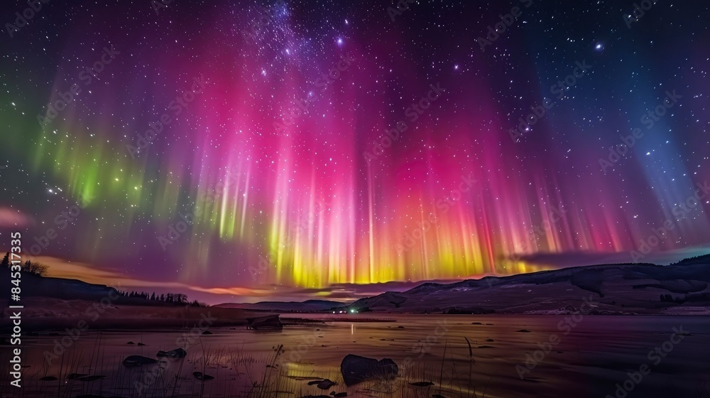 Multicolor fantastic aurora borealis in night sky full of bright stars, beautiful landscape