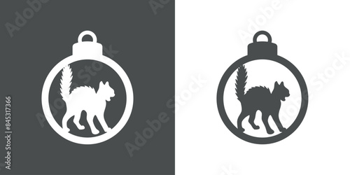 Tiempo de Navidad. Logo con silueta de bola de navidad con gato enojado arqueando su espalda