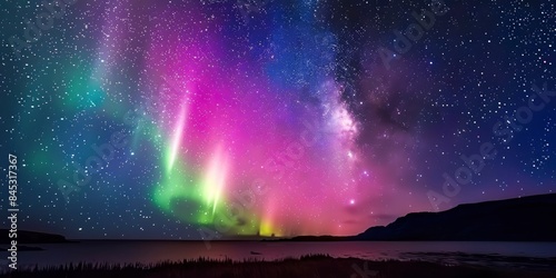 Multicolor fantastic aurora borealis in night sky full of bright stars, beautiful landscape