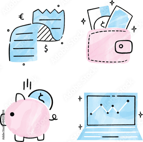 Finance icon set. Containing loan, cash, saving, financial goal, profit, budget, mutual fund, earning money and revenue icons. Watercolor Vector illustration