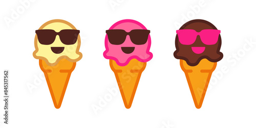 Logo ice cream. Grupo de bola de helado con sonrisa y gafas de sol en cono de waffle sabores nata, fresa y chocolate