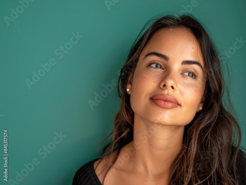 Pretty brazilian woman with sensual facial features looks in front of her on a solid color background, half body photo, space for text © shooreeq