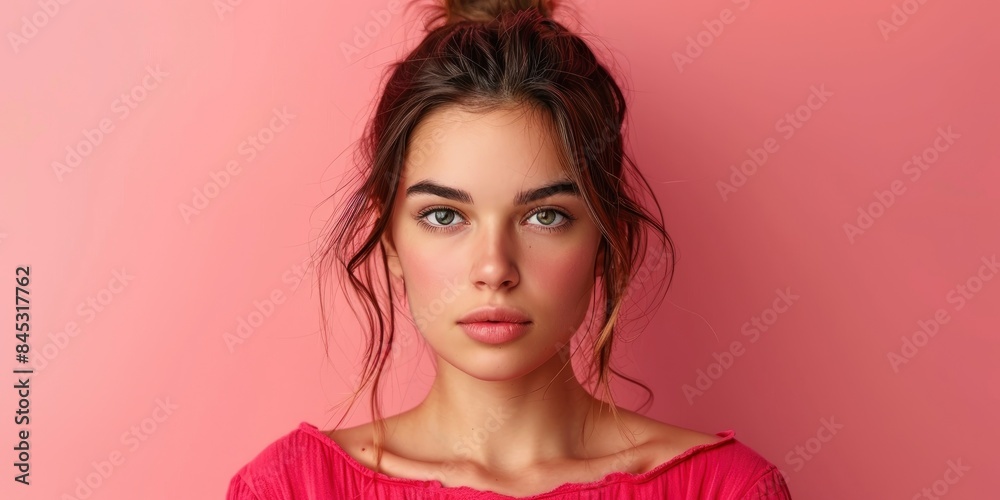 Self-confident young woman with sensual facial features looks serious in front of her on a solid bright background, space for text Self-confident young woman with sensual facial features looks serious in front of her on a solid bright background, space for text