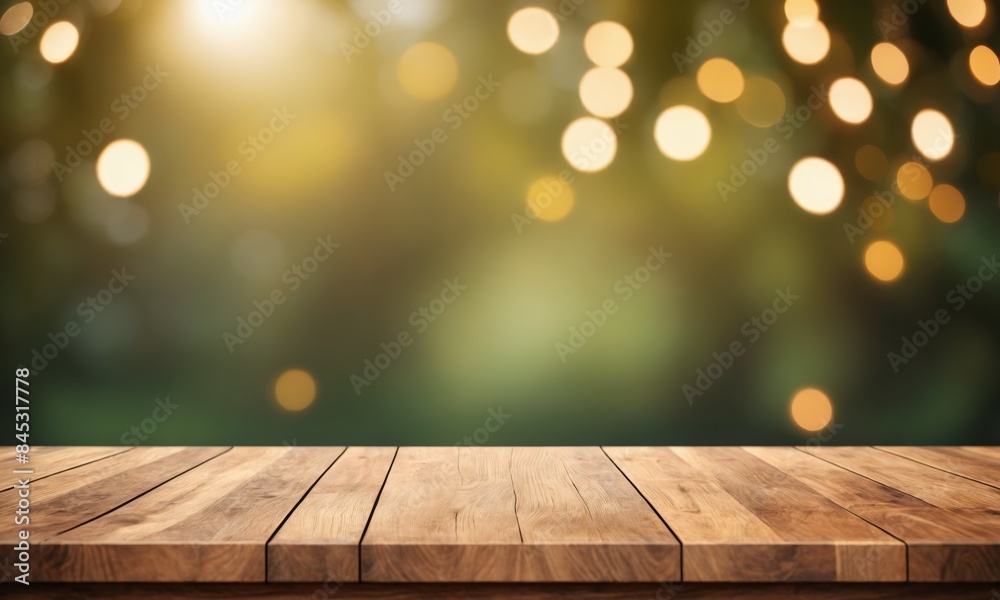 Empty wooden tabletop with blurred background of bokeh lights Empty wooden tabletop with blurred background of bokeh lights