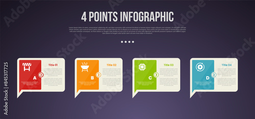 4 points or step process infographic with creative callout box with sharp arrow bottom with modern dark style for slide presentation