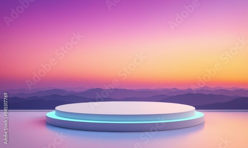 Circular podium with blue neon light in front of mountain range at sunset