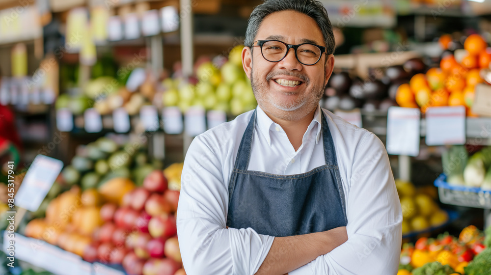 A man wearing a white shirt and apron stands in front of a fruit and vegetable stand. He is smiling and he is proud of his work A man wearing a white shirt and apron stands in front of a fruit and vegetable stand. He is smiling and he is proud of his work