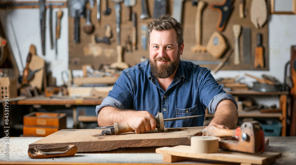 A man is sitting at a table in a workshop, smiling and holding a tool. The workshop is filled with various tools and equipment, including a saw, a hammer, and a pair of pliers A man is sitting at a table in a workshop, smiling and holding a tool. The workshop is filled with various tools and equipment, including a saw, a hammer, and a pair of pliers