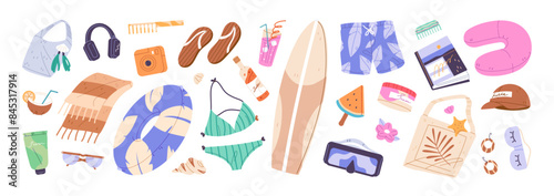 Summer items for travel set. Tourists' stuff for beach holidays. Sea vacation accessories, clothes: bikini, sunglasses, surfboard, inflatable circle, cap. Flat isolated vector illustrations on white