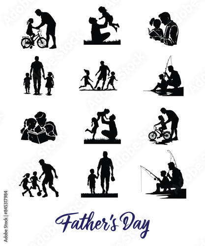 Father and Daughter or Father and Son Black Silhouettes Vector illustration. Happy father's Day concept. Silhouette set of father and children