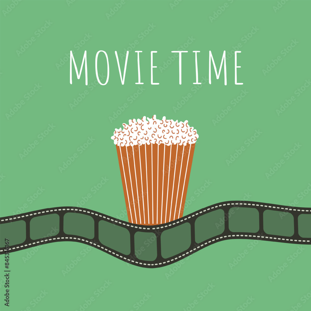 Movie time. Film reel, popcorn. Retro and minimalism style. Vector illustration Movie time. Film reel, popcorn. Retro and minimalism style. Vector illustration
