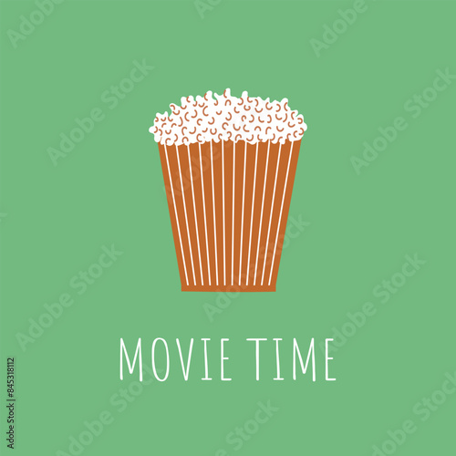 Movie time. Film reel, popcorn. Retro and minimalism style. Vector illustration