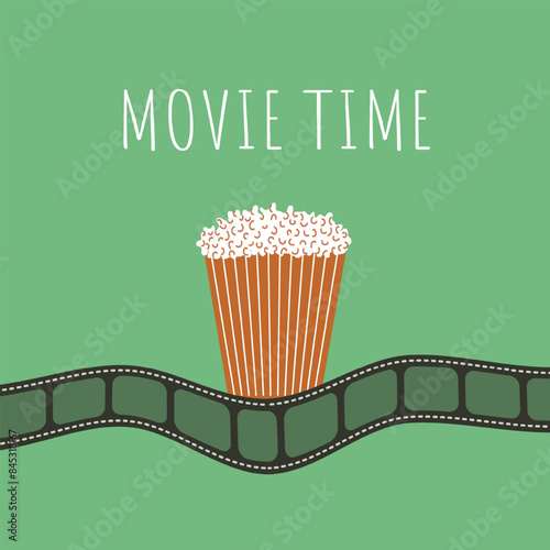 Movie time. Film reel, popcorn. Retro and minimalism style. Vector illustration