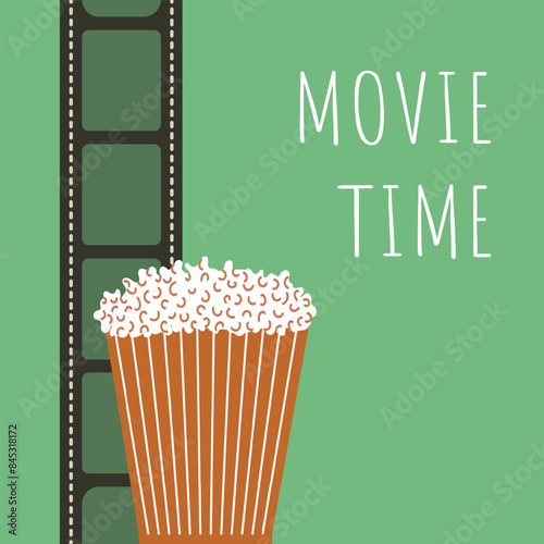 Movie time. Film reel, popcorn. Retro and minimalism style. Vector illustration