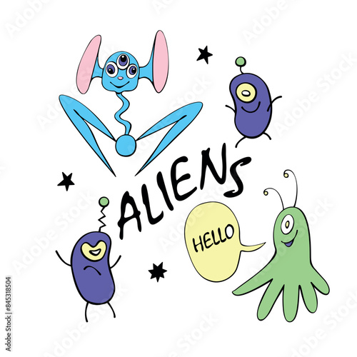 Set of cute funny aliens. Design element, icon on the theme of UFO, space. Doodles vector illustration.