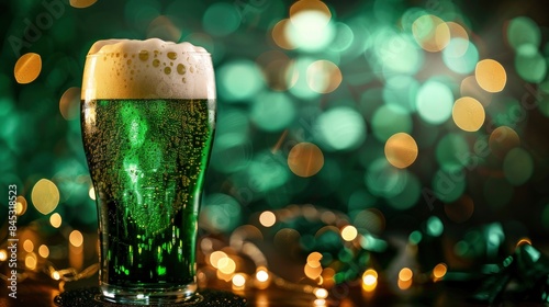 St. Patrick's Day, full glass of foam beer on festive background, xdr colors, bright image, space for text, banner photo