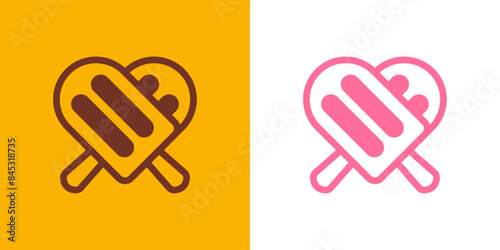 Logo i love ice cream. Silueta con líneas de 2 helados de paleta con forma de corazón