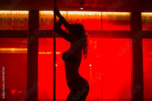 Dark silhouette of a slender girl on a red background. Private dance in a strip club
