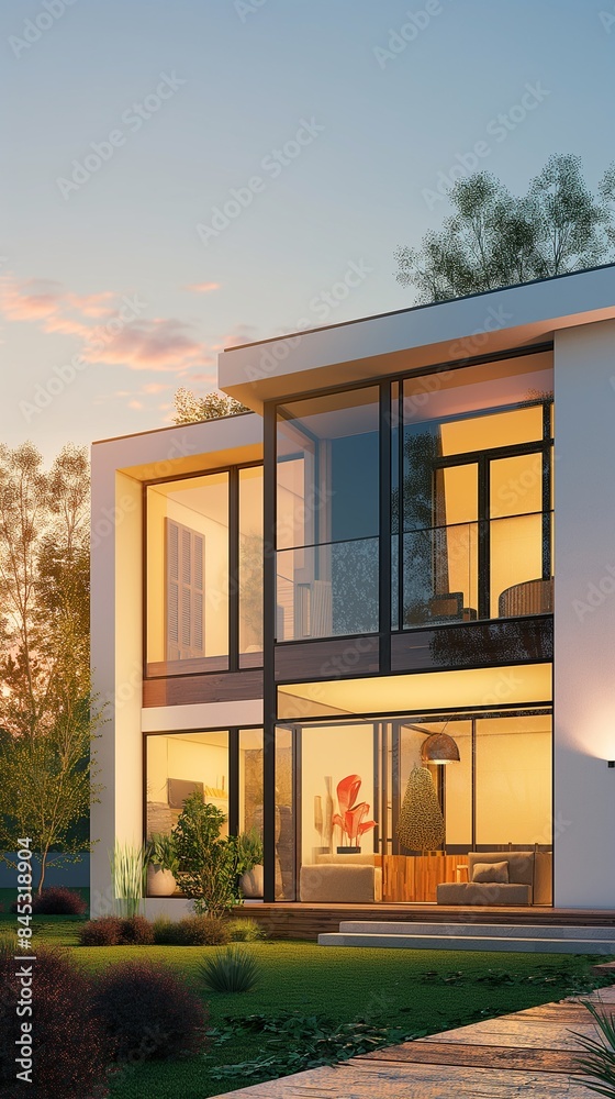 Vertical Image Of A Modern House With An Airy Windows And A Balcony. Vertical Image Of A Modern House With An Airy Windows And A Balcony.