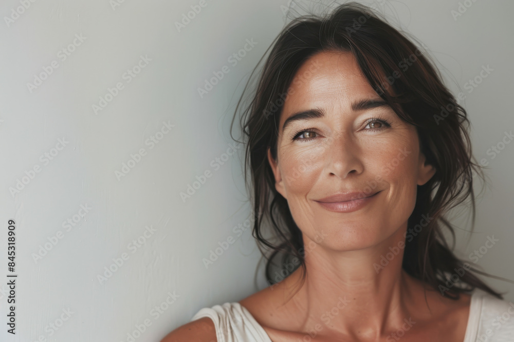 A close up portrait of a woman with a subtle smile A close up portrait of a woman with a subtle smile