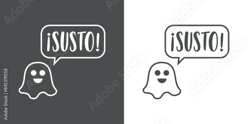Logo con fantasma para invitaciones y tarjetas de Halloween. Silueta de fantasma con burbuja de habla con palabra Susto en español en caligrafía