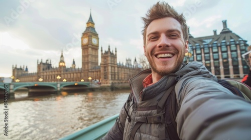 Smiling man taking selfie picture in London, England .