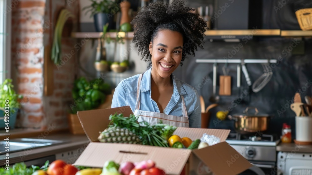 A woman standing at a table in her kitchen and unpacking a box of delivered fresh groceries A woman standing at a table in her kitchen and unpacking a box of delivered fresh groceries
